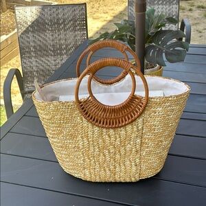 Cream and Brown Tote Bag with Wooden Handles